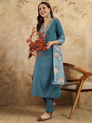 Women's Viscose Rayon Embroidered Straight Kurta with Pant And Dupatta Set 5