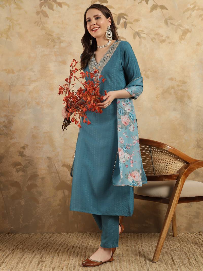 Women's Viscose Rayon Embroidered Straight Kurta with Pant And Dupatta Set