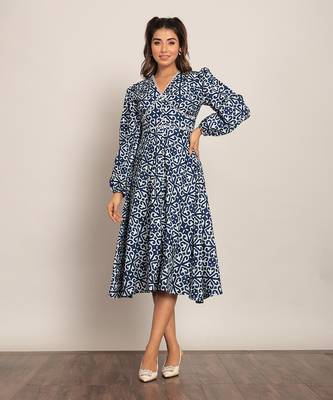 Blue and white cotton geometric dress 1