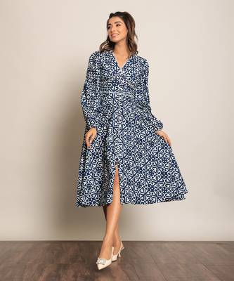 Blue and white cotton geometric dress 3