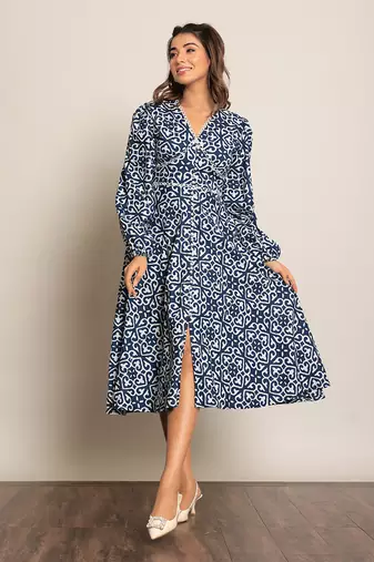 Blue and white cotton geometric dress