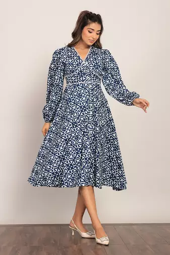 Blue and white cotton geometric dress