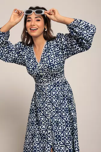 Blue and white cotton geometric dress