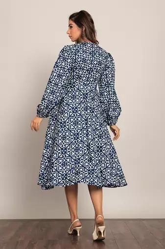 Blue and white cotton geometric dress