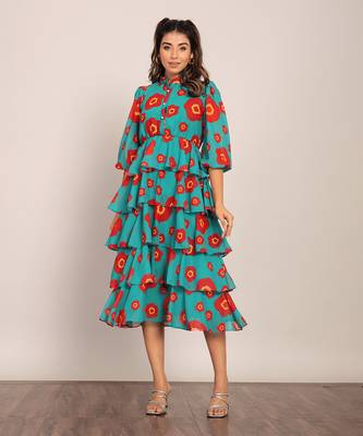 Sea green and red georgette floral dress 1