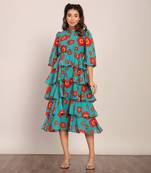 Sea green and red georgette floral dress