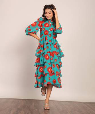 Sea green and red georgette floral dress 3