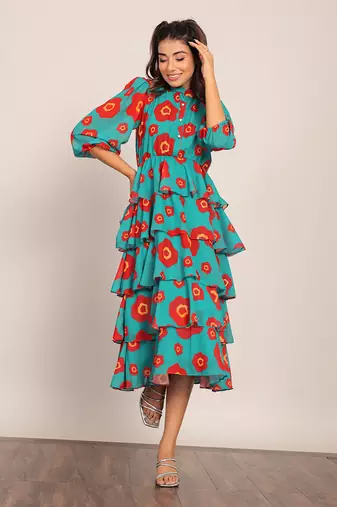 Sea green and red georgette floral dress