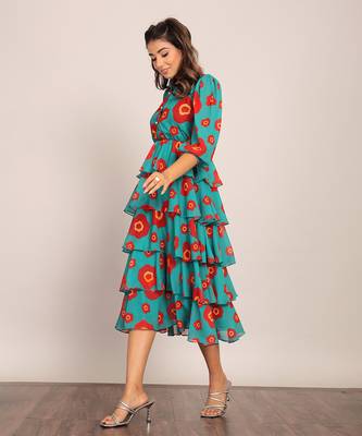 Sea green and red georgette floral dress 4