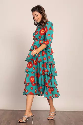 Sea green and red georgette floral dress