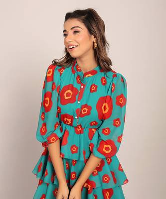 Sea green and red georgette floral dress 5
