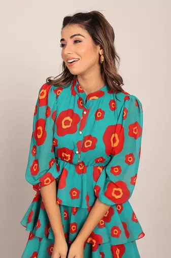 Sea green and red georgette floral dress