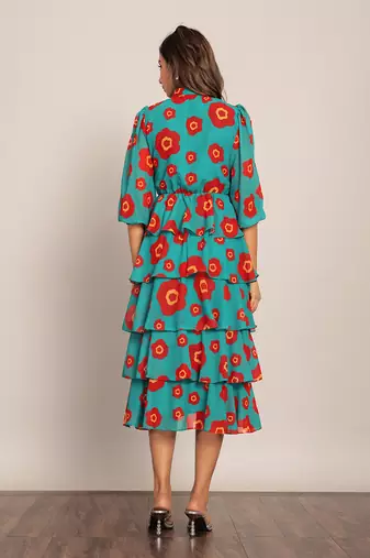 Sea green and red georgette floral dress