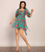 Sea green and red organza floral dress