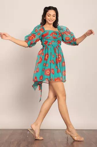 Sea green and red organza floral dress