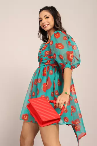 Sea green and red organza floral dress