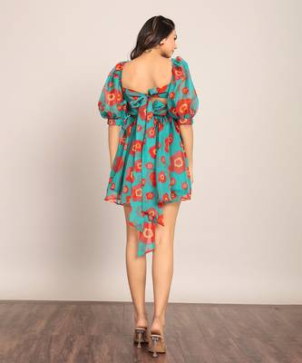 Sea green and red organza floral dress 6