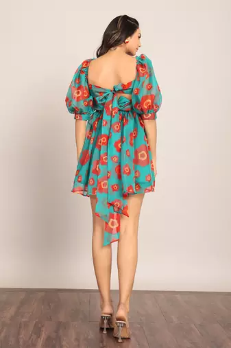 Sea green and red organza floral dress