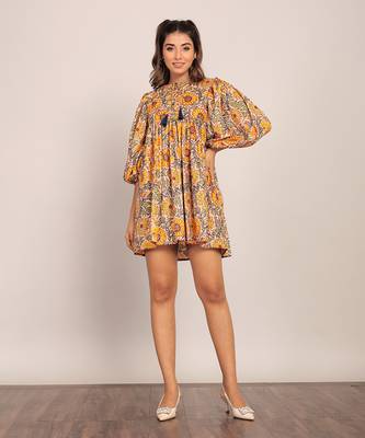 Yellow and multi cotton floral dress 1