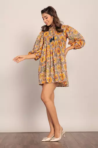 Yellow and multi cotton floral dress