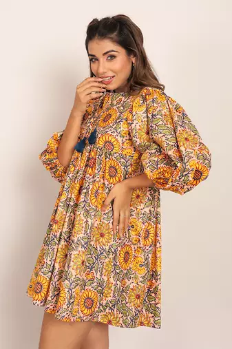 Yellow and multi cotton floral dress