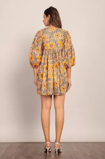 Yellow and multi cotton floral dress