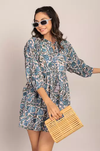 Light pink and blue cotton floral dress