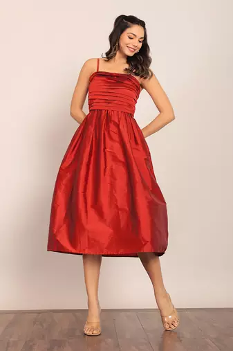Maroon taffeta solid dress