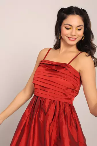 Maroon taffeta solid dress
