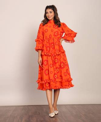 Orange and red georgette floral dress 1