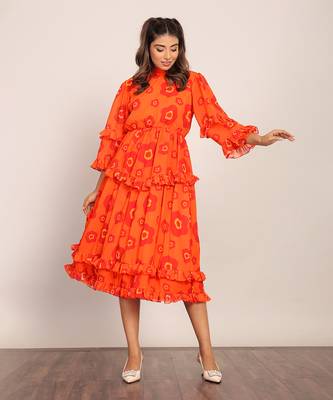 Orange and red georgette floral dress 3