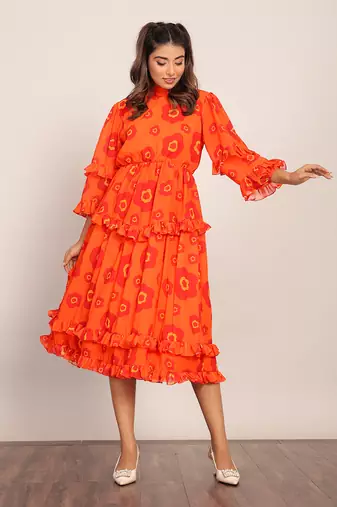 Orange and red georgette floral dress