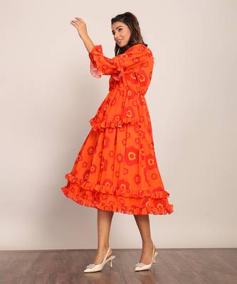 Orange and red georgette floral dress 4