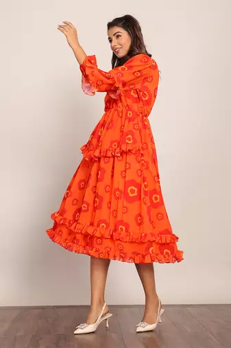 Orange and red georgette floral dress