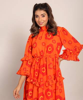 Orange and red georgette floral dress 5