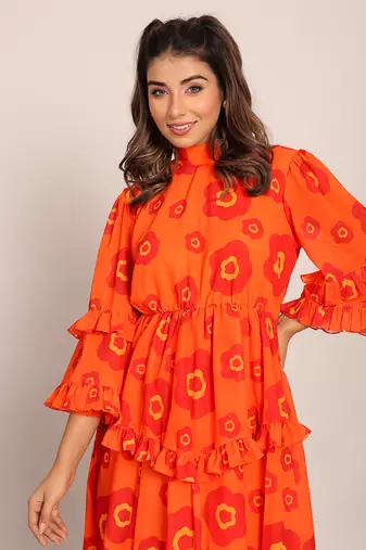 Orange and red georgette floral dress