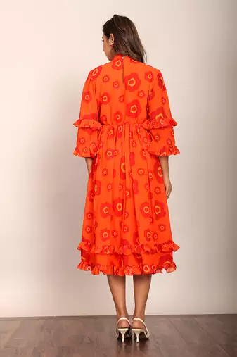 Orange and red georgette floral dress