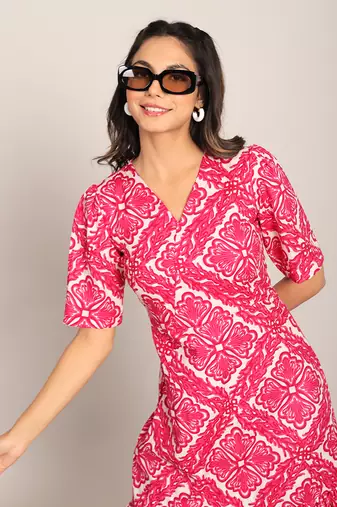 Pink and white cotton geometric dress
