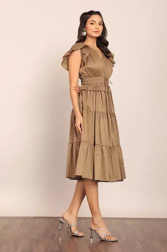 Khaki green glaze cotton solid dress