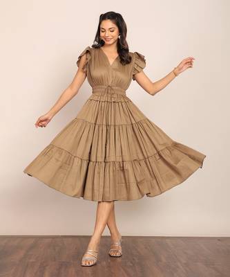 Khaki green glaze cotton solid dress 4