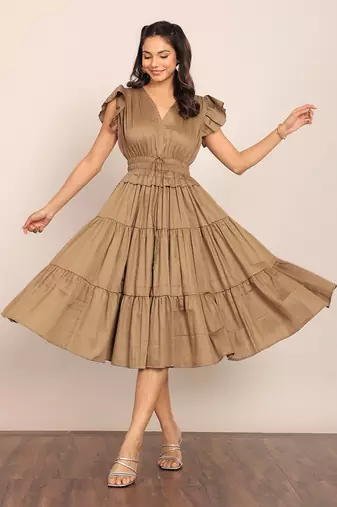 Khaki green glaze cotton solid dress