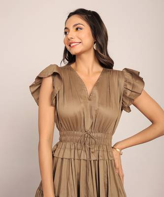Khaki green glaze cotton solid dress 5