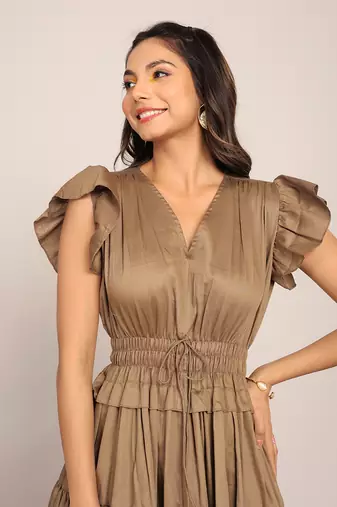 Khaki green glaze cotton solid dress