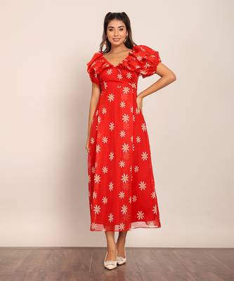 Red and white organza floral dress 1