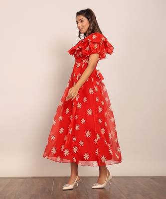 Red and white organza floral dress 3