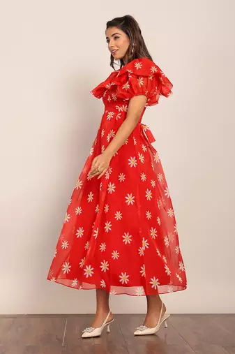 Red and white organza floral dress