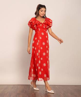 Red and white organza floral dress 4