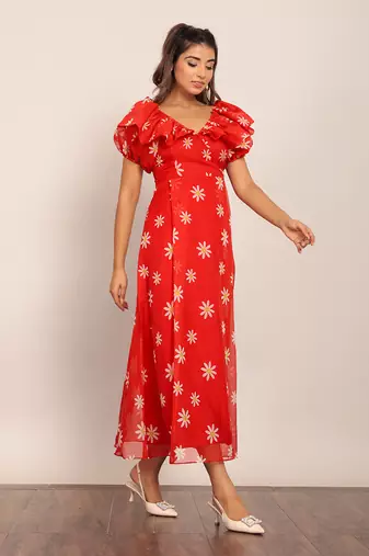 Red and white organza floral dress