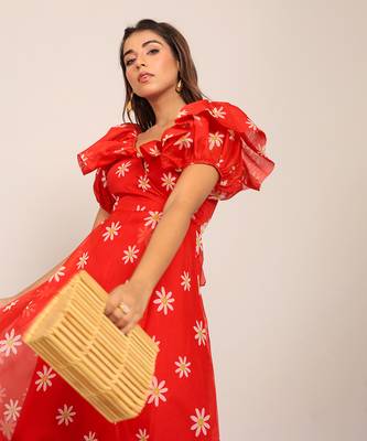 Red and white organza floral dress 5
