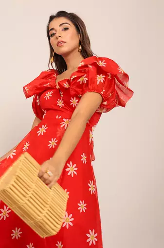Red and white organza floral dress